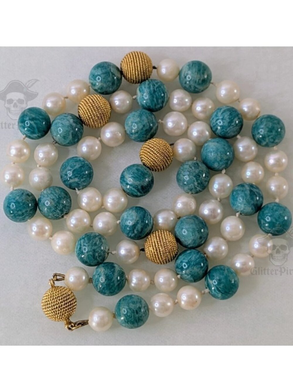 Vintage 18K Gold Chinese Export Amazonite Pearl Bead Necklace 26" 70g 10mm Gold